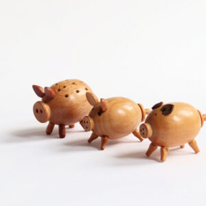 Vintage Wooden Pig Salt and Pepper Shaker Set with Toothpick Holder