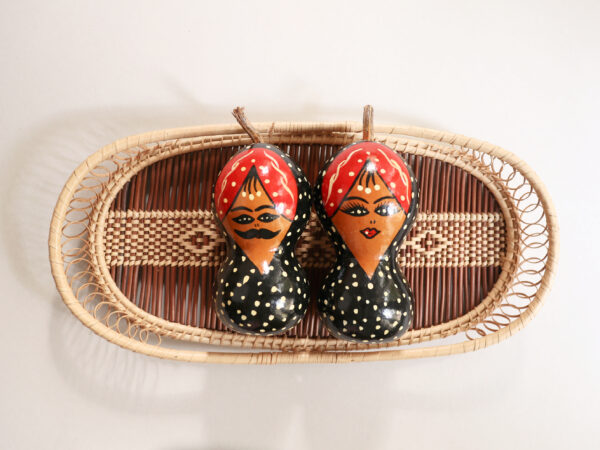 Hand-Painted Gourd Couple & Woven Rattan Basket Set