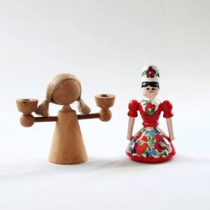 Vintage Wooden Candle Holder & Hungarian Folk Doll
