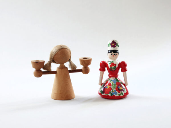 Vintage Wooden Candle Holder & Hungarian Folk Doll