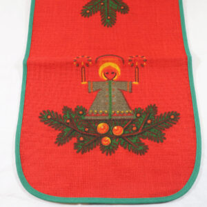 Vintage Christmas Table Runner, Red Green Holiday Decor, Retro Angel Print, Xmas, Midcentury Table Linen