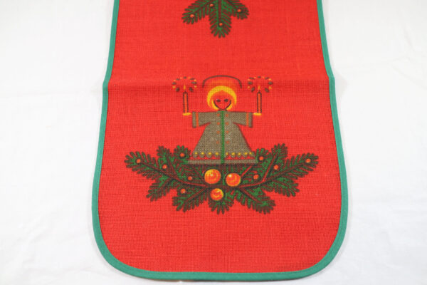 Vintage Christmas Table Runner, Red Green Holiday Decor, Retro Angel Print, Xmas, Midcentury Table Linen